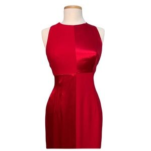 Red color block evening dress criss cross back